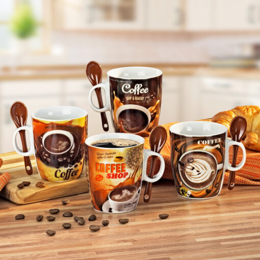 Kaffeebecher mit Löffel, 4 Stück